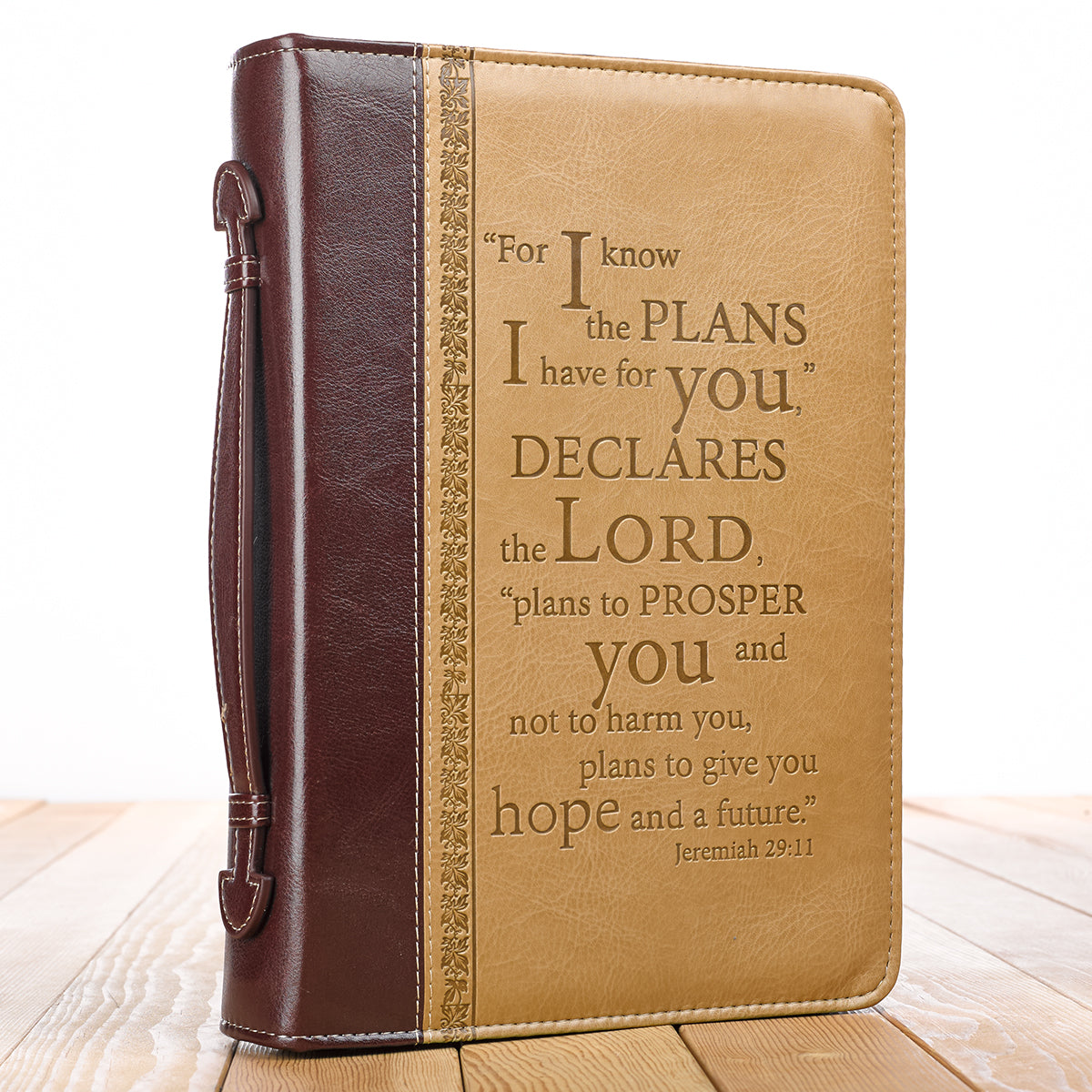 I Know the Plans Two-tone Brown Faux Leather Classic Bible Cover - Jeremiah 29:11 - The Christian Gift Company