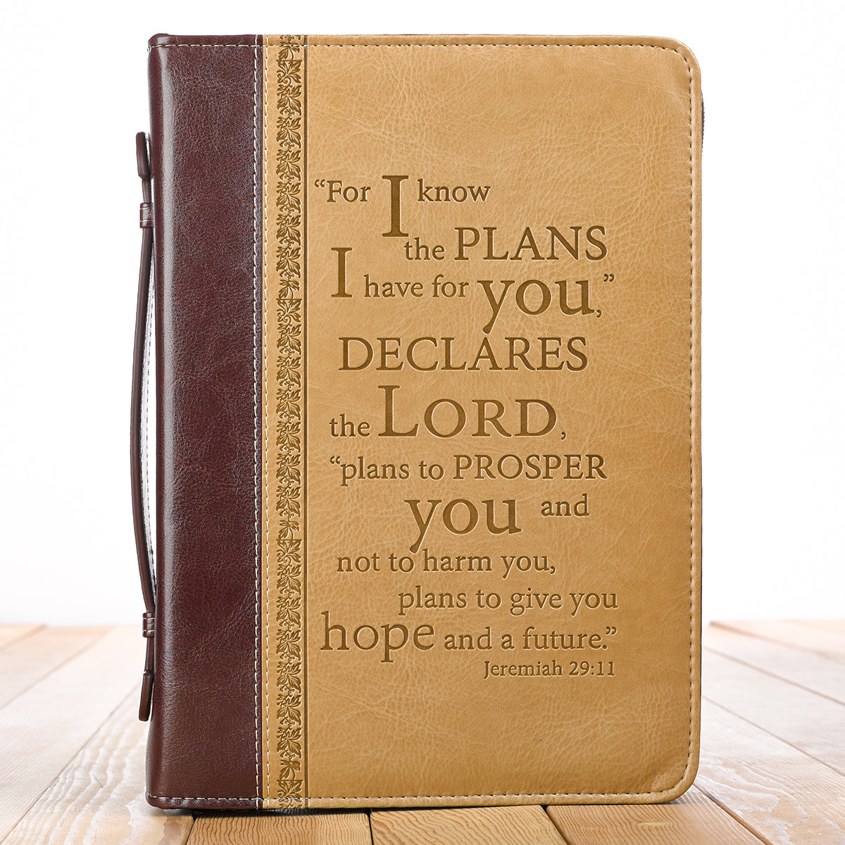 I Know the Plans Two-tone Brown Faux Leather Classic Bible Cover - Jeremiah 29:11 - The Christian Gift Company