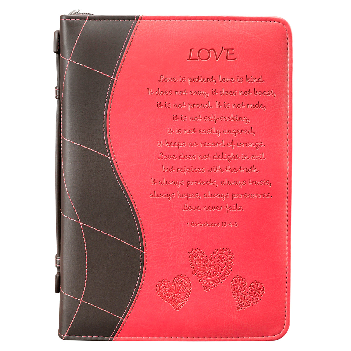 Love Pink Faux Leather Bible Cover - 1 Corinthians 13:4-8 - The Christian Gift Company