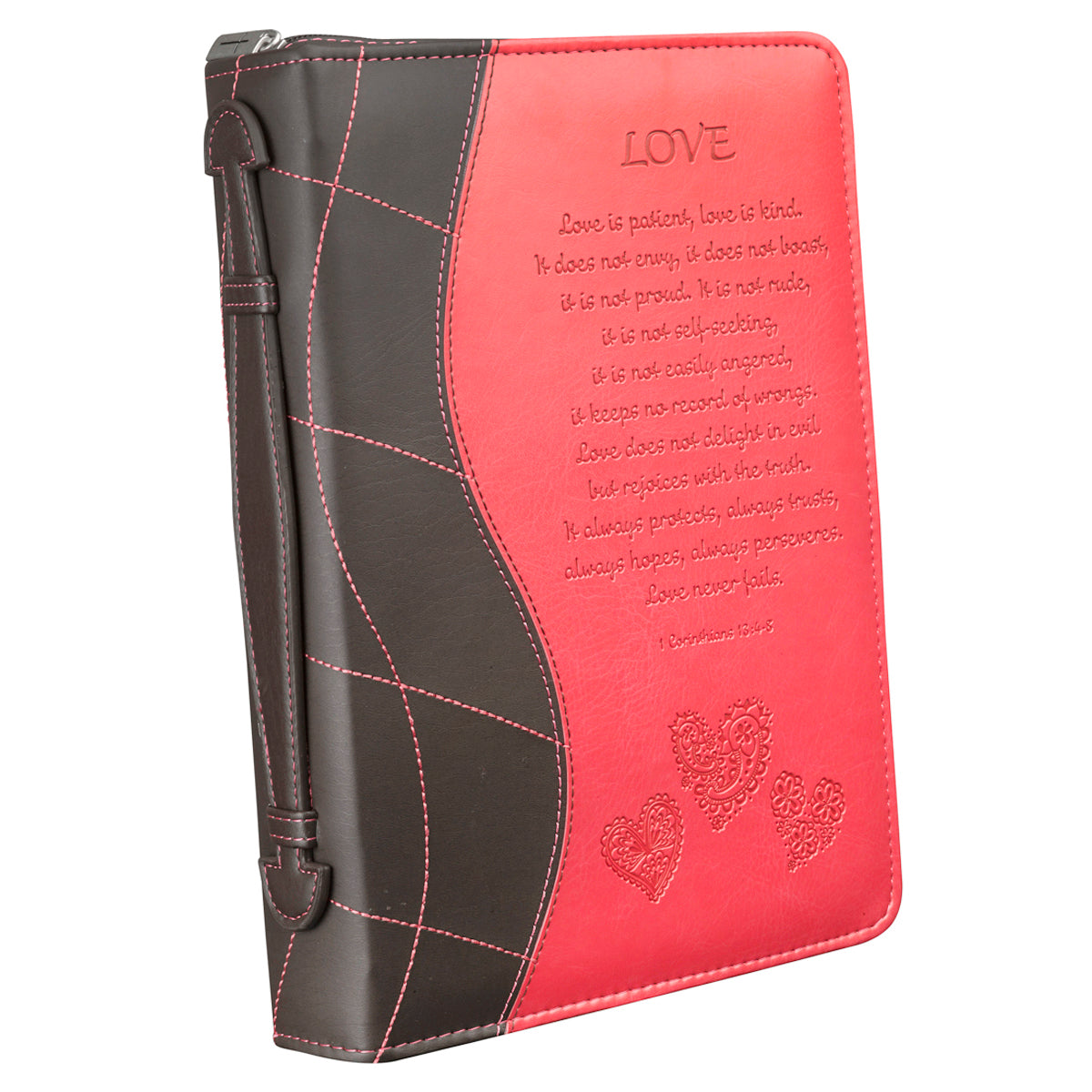 Love Pink Faux Leather Bible Cover - 1 Corinthians 13:4-8 - The Christian Gift Company