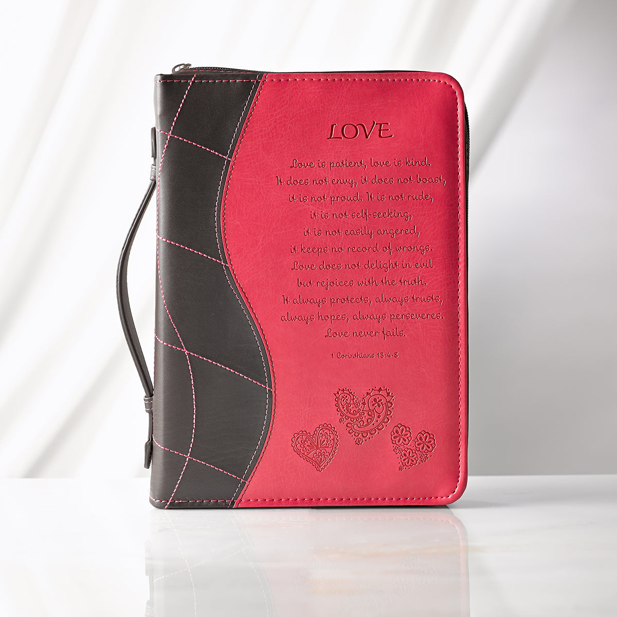 Love Pink Faux Leather Bible Cover - 1 Corinthians 13:4-8 - The Christian Gift Company