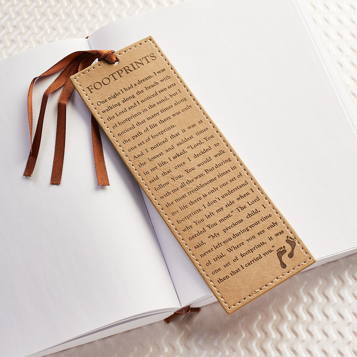 Footprints Tan Faux Leather Bookmark - The Christian Gift Company