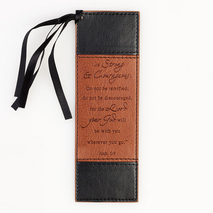 Strong & Courageous Black and Tan Faux Leather Bookmark - Joshua 1:9 - The Christian Gift Company