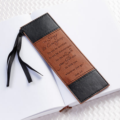 Strong & Courageous Black and Tan Faux Leather Bookmark - Joshua 1:9 - The Christian Gift Company