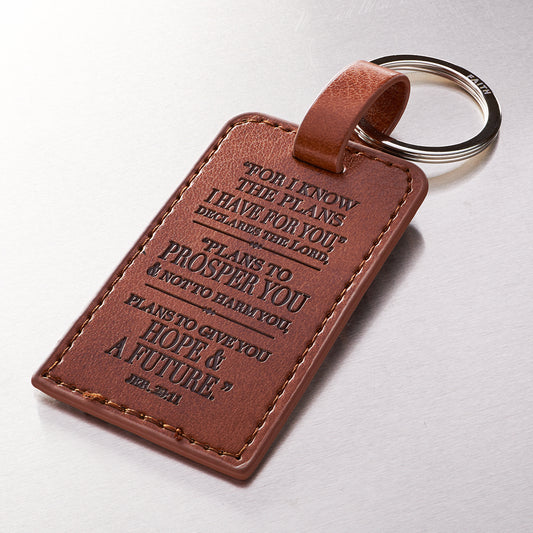 I Know the Plans Tawny Brown Faux Leather Key Ring - Jeremiah 29:11 - The Christian Gift Company