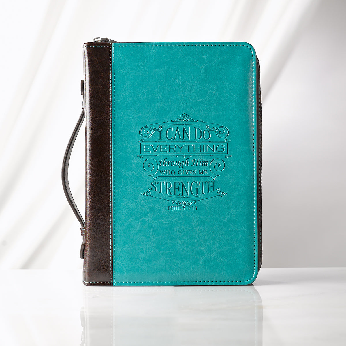 I Can Do Everything Turquoise & Brown Faux Leather Fashion Bible Cover - Philippians 4:13 - The Christian Gift Company