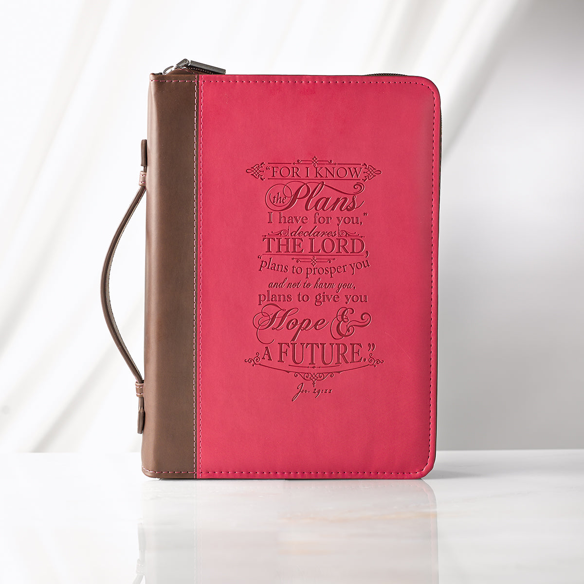I Know The Plans Pink and Brown Faux Leather Fashion Bible Cover - Jeremiah 29:11 - The Christian Gift Company