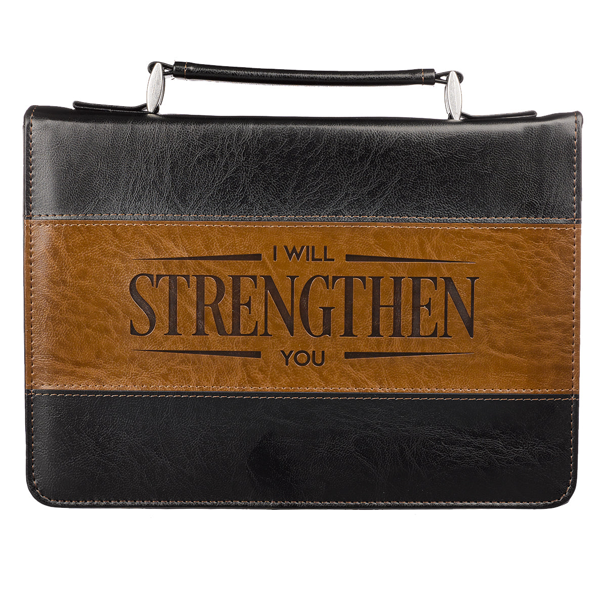 I Will Strengthen You Black and Brown Faux Leather Classic Bible Cover - Isaiah 41:10 - The Christian Gift Company