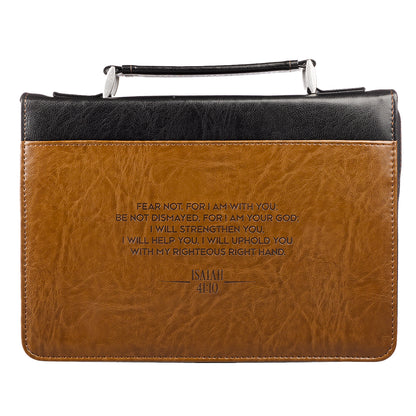 I Will Strengthen You Black and Brown Faux Leather Classic Bible Cover - Isaiah 41:10 - The Christian Gift Company