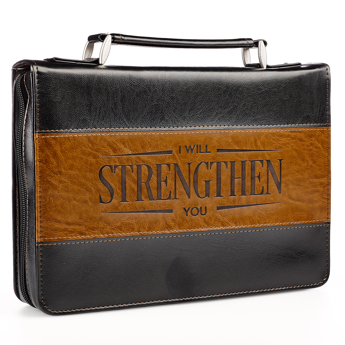 I Will Strengthen You Black and Brown Faux Leather Classic Bible Cover - Isaiah 41:10 - The Christian Gift Company