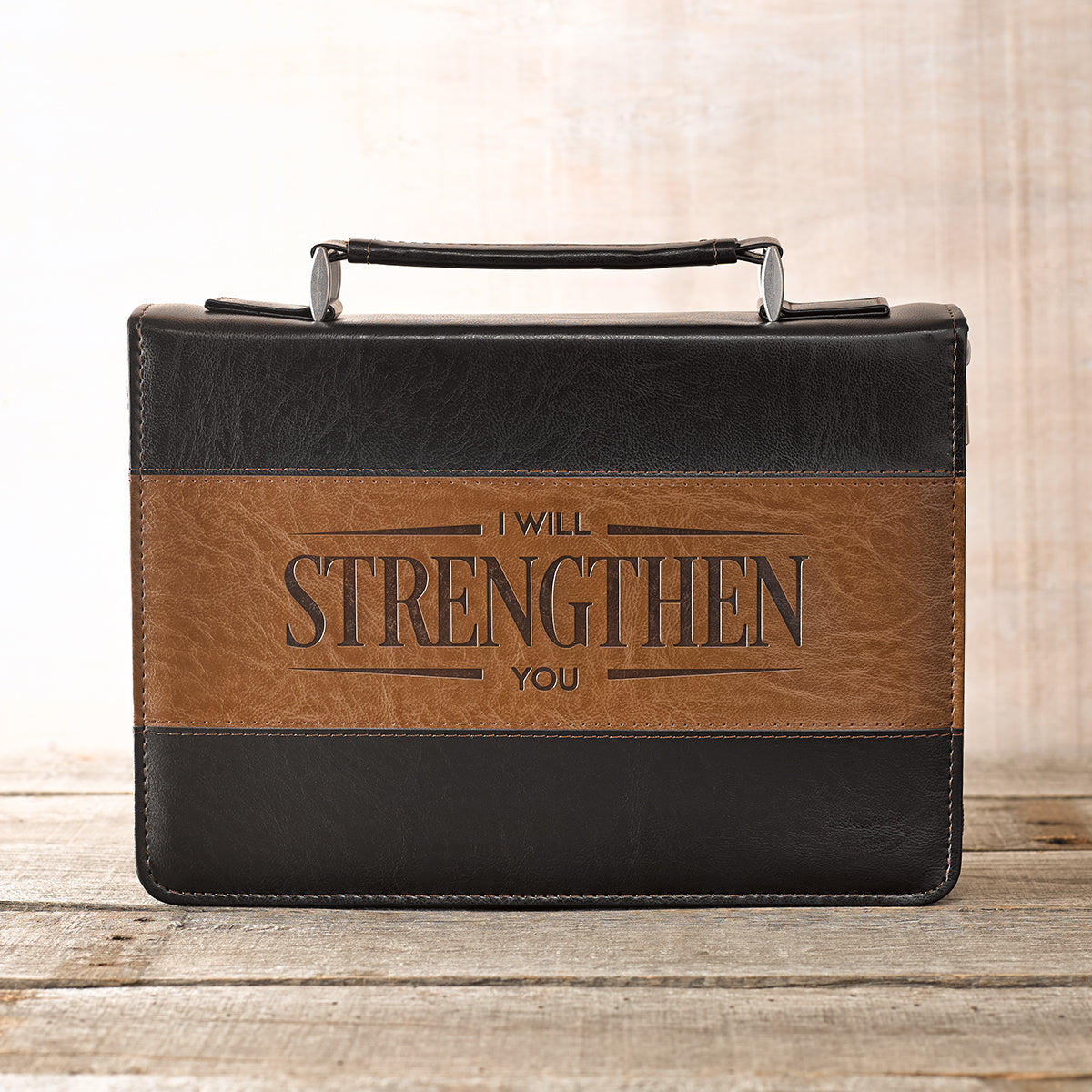 I Will Strengthen You Black and Brown Faux Leather Classic Bible Cover - Isaiah 41:10 - The Christian Gift Company