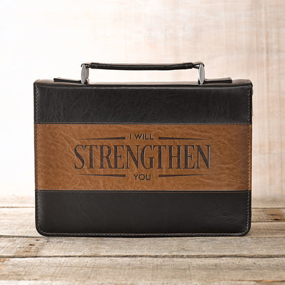 I Will Strengthen You Black and Brown Faux Leather Classic Bible Cover - Isaiah 41:10 - The Christian Gift Company