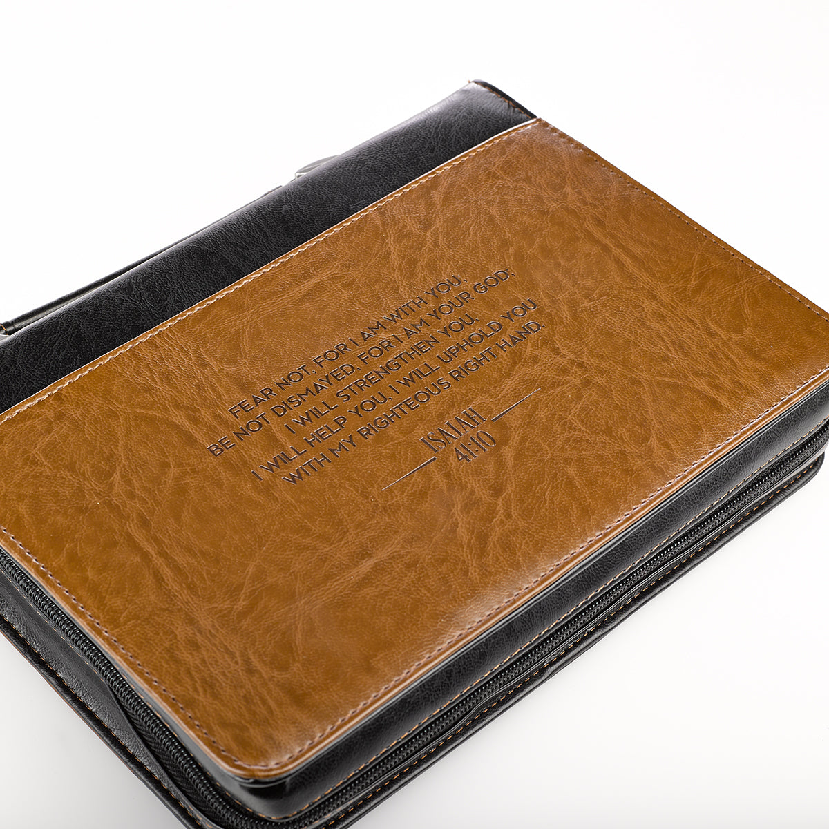 I Will Strengthen You Black and Brown Faux Leather Classic Bible Cover - Isaiah 41:10 - The Christian Gift Company