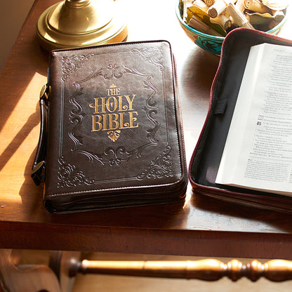 The Holy Bible Dark Brown Faux Leather Classic Bible Cover - The Christian Gift Company