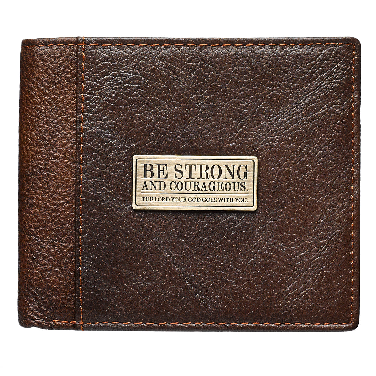 Strong and Courageous Two-tone Brown Full Grain Leather Wallet - Joshua 1:9 - The Christian Gift Company