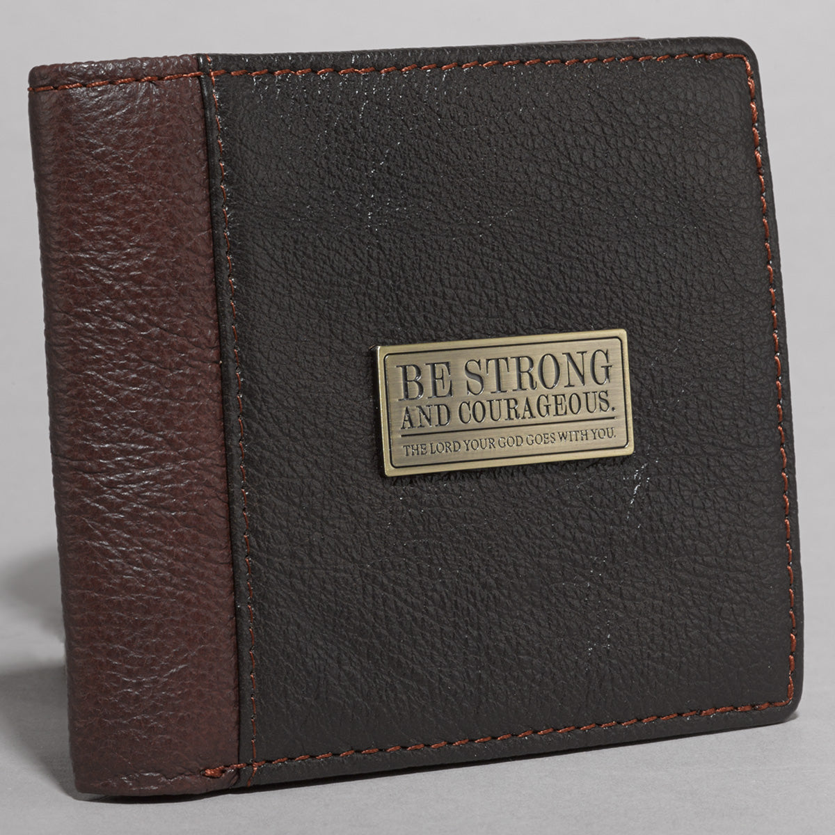 Strong and Courageous Two-tone Brown Full Grain Leather Wallet - Joshua 1:9 - The Christian Gift Company