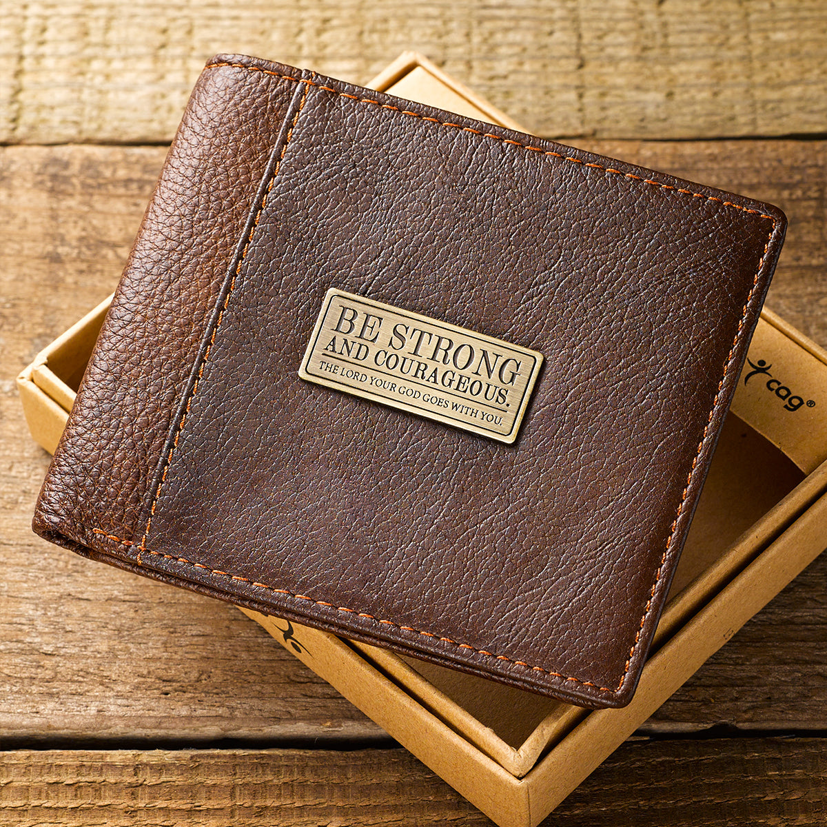 Strong and Courageous Two-tone Brown Full Grain Leather Wallet - Joshua 1:9 - The Christian Gift Company