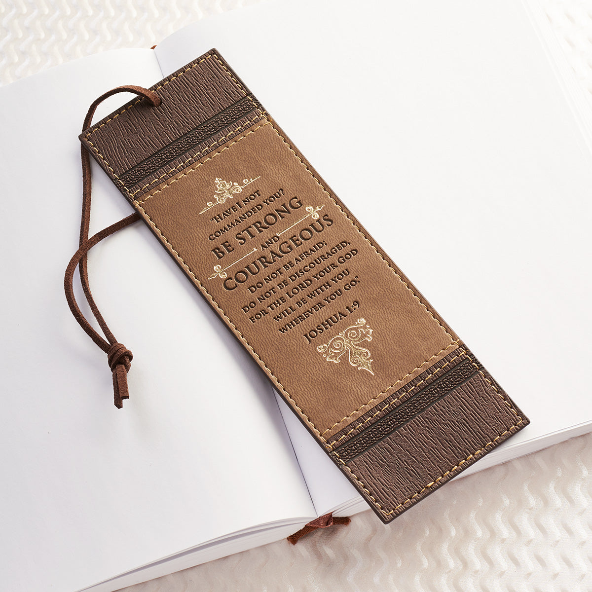 Be Strong and Courageous Brown Two-toned Faux Leather Bookmark - Joshua 1:9 - The Christian Gift Company