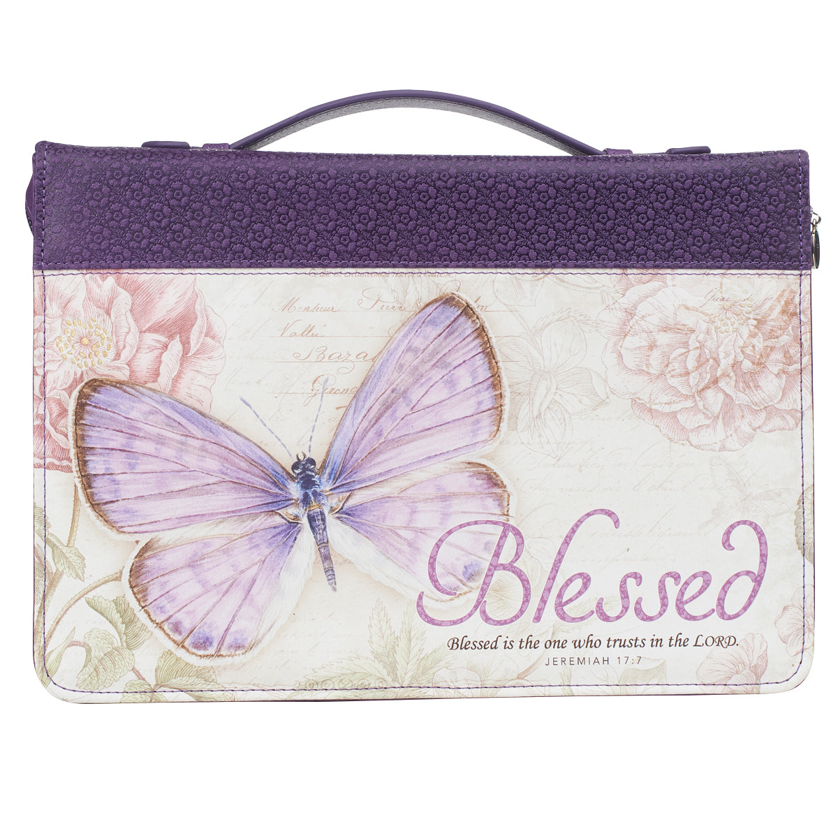 Blessed Purple Butterfly Blessings Faux Leather Fashion Bible Cover - Jeremiah 17:7 - The Christian Gift Company