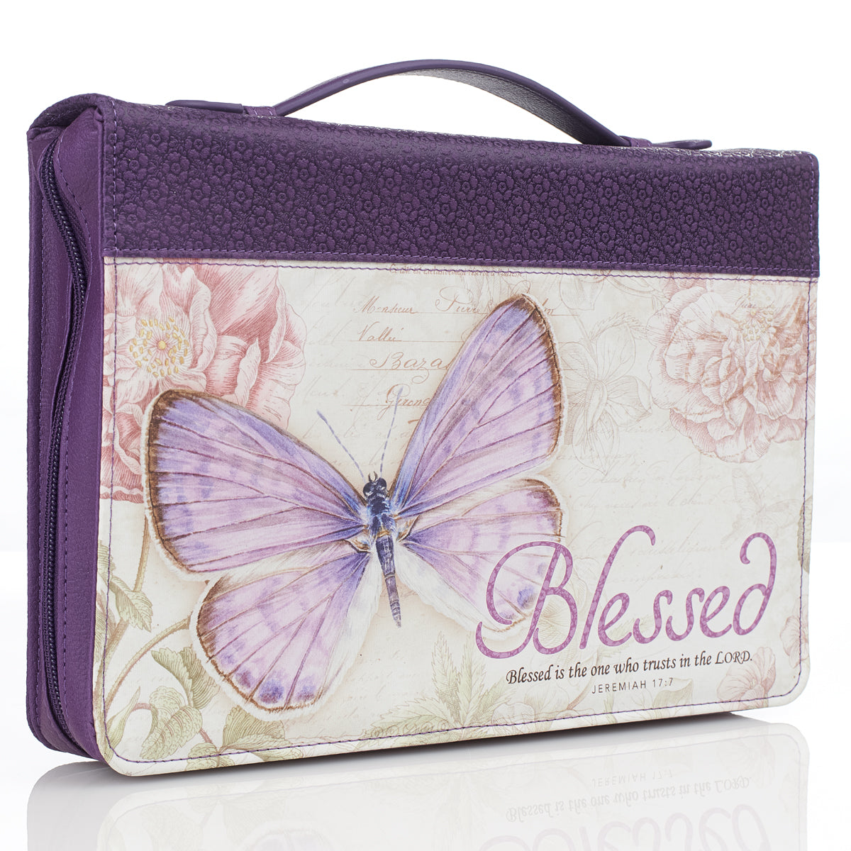 Blessed Purple Butterfly Blessings Faux Leather Fashion Bible Cover - Jeremiah 17:7 - The Christian Gift Company