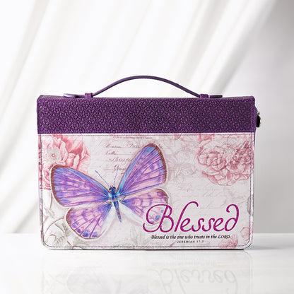 Blessed Purple Butterfly Blessings Faux Leather Fashion Bible Cover - Jeremiah 17:7 - The Christian Gift Company