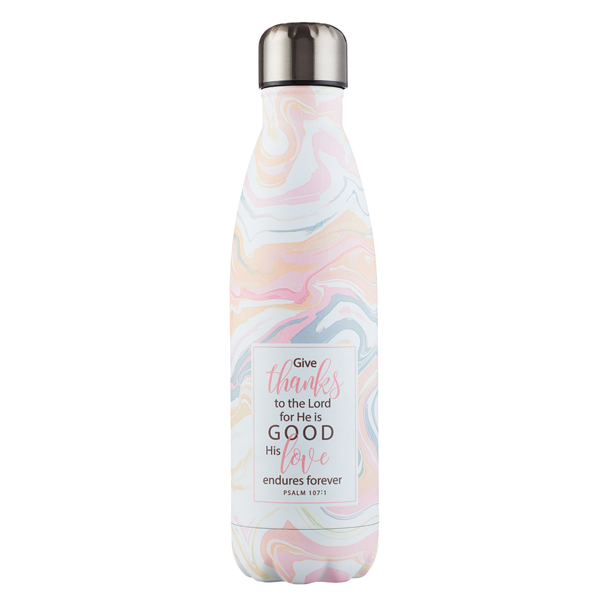 Give Thanks Marble Patterned Stainless Steel Water Bottle - Psalm 107:1 - The Christian Gift Company