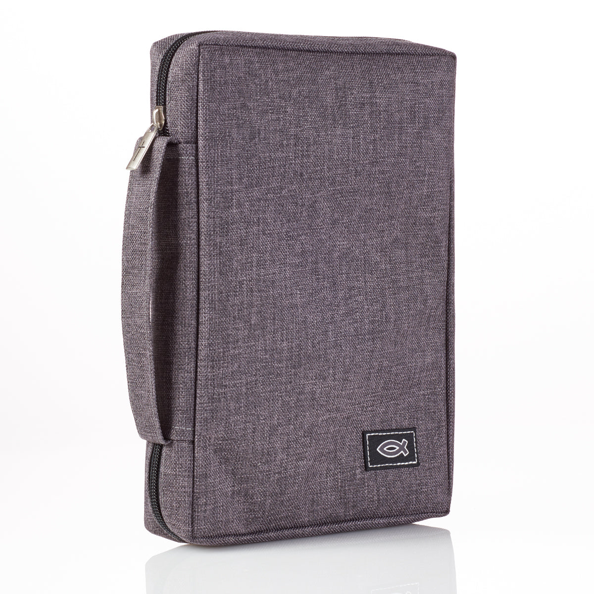 Grey Poly-Canvas Value Bible Cover with Fish Badge - The Christian Gift Company