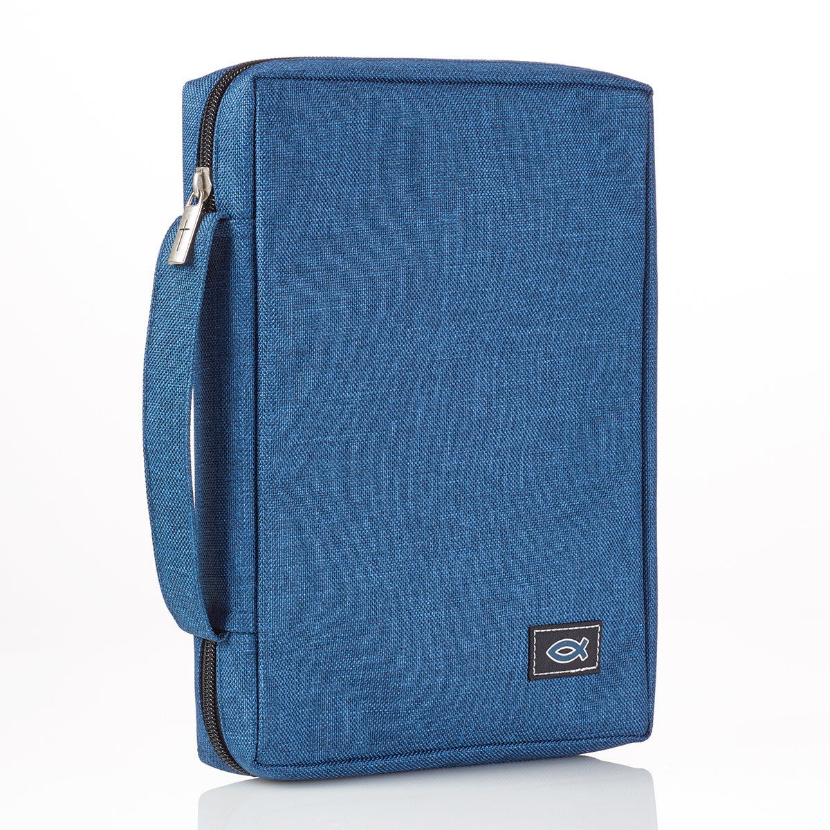 Blue Poly-canvas Bible Cover with Ichthus Fish Badge - The Christian Gift Company