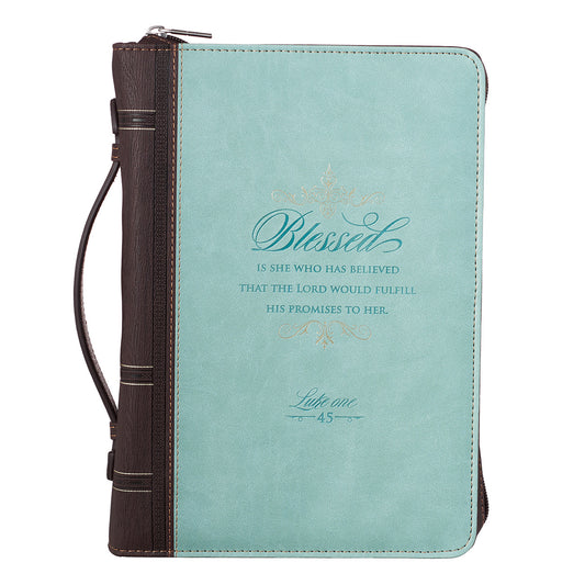 Blessed Light Blue Faux Leather Fashion Bible Cover - Luke 1:45 - The Christian Gift Company