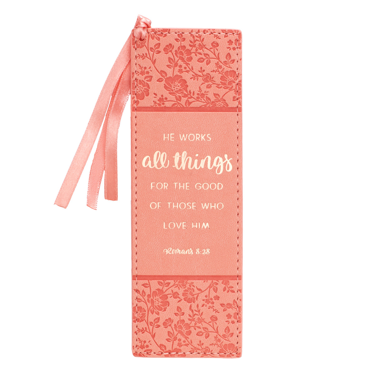 Bookmark Faux Leather Coral All Things Rom. 8:28 - The Christian Gift Company