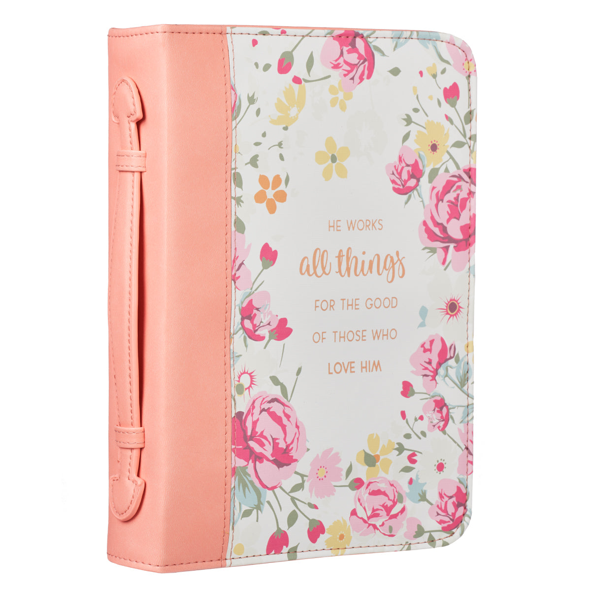He Works All Things for Good Peach Floral Faux Leather Fashion Bible Cover - Romans 8:28 - The Christian Gift Company