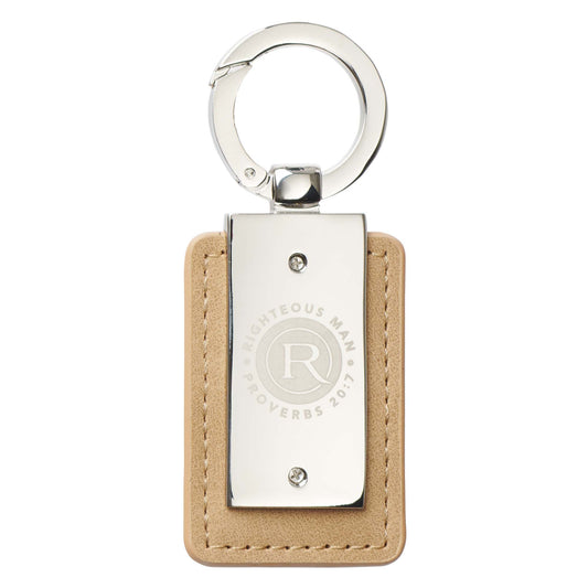 Righteous Man Silver and Tan Key Ring in Gift Tin - Proverbs 20:7 - The Christian Gift Company