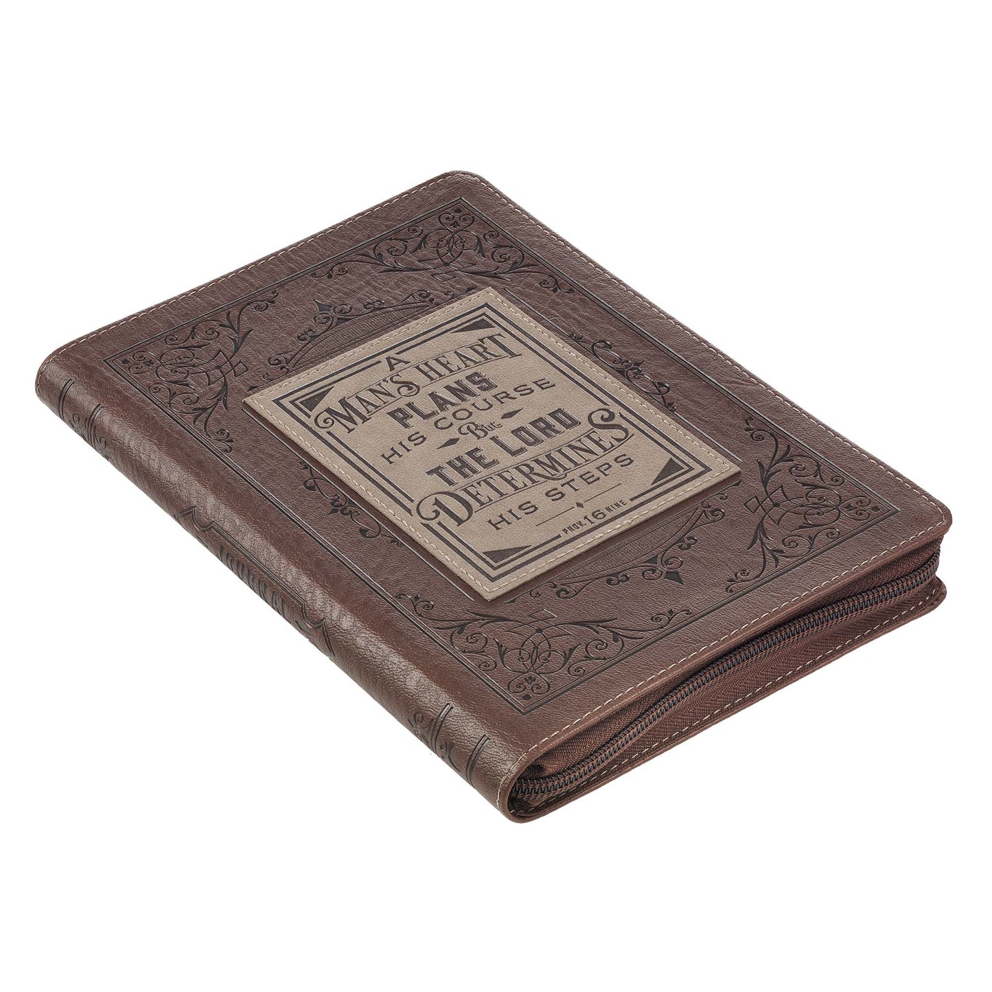 A Man's Heart Classic Faux Leather Zippered Journal in Brown - Proverbs 16:9 - The Christian Gift Company