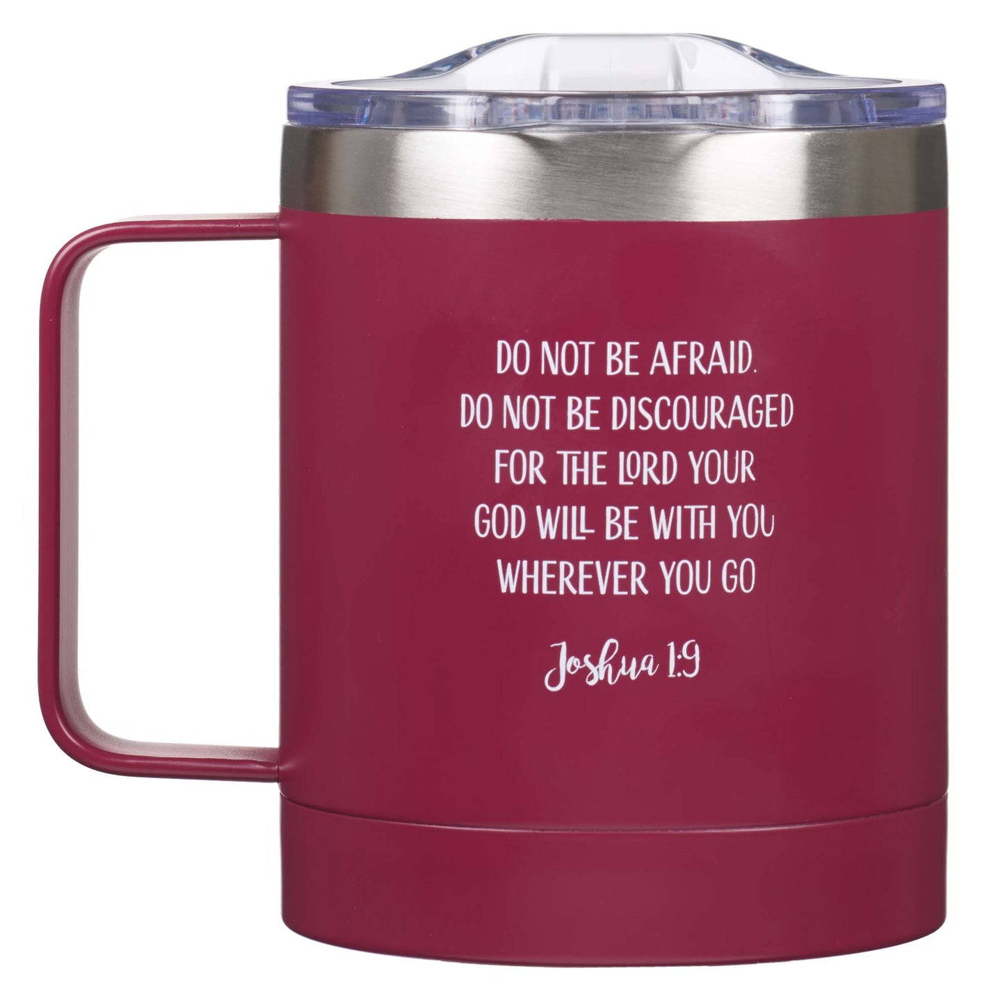 Be Strong & Courageous Very Berry Camp-style Stainless Steel Mug - Joshua 1:9 - The Christian Gift Company