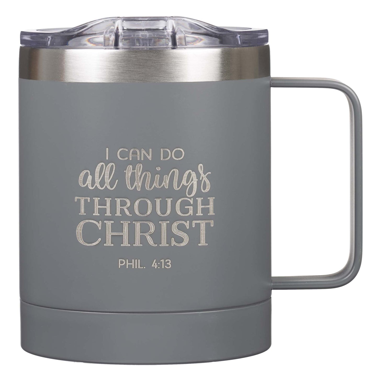 I Can Do All Things Grey Camp-style Stainless Steel Mug - Philippians 4:13 - The Christian Gift Company