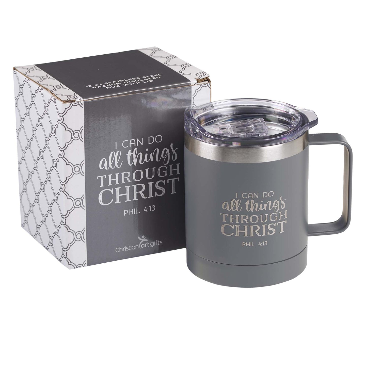 I Can Do All Things Grey Camp-style Stainless Steel Mug - Philippians 4:13 - The Christian Gift Company