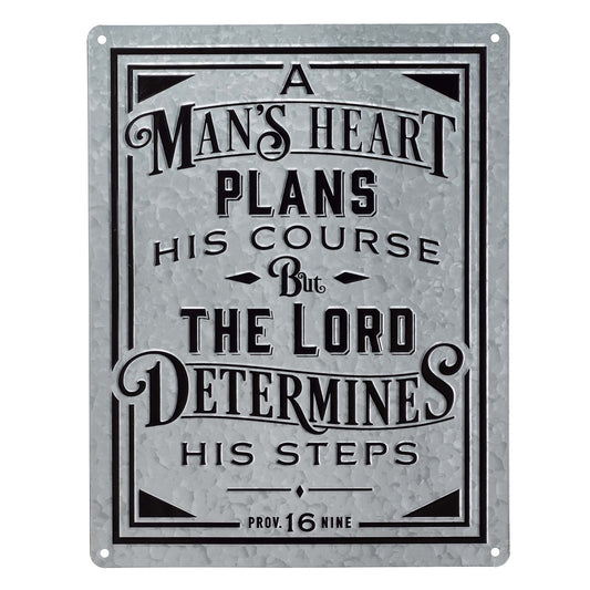 A Man's Heart Vintage Galvanized Metal Wall Art - Proverbs 16:9 - The Christian Gift Company