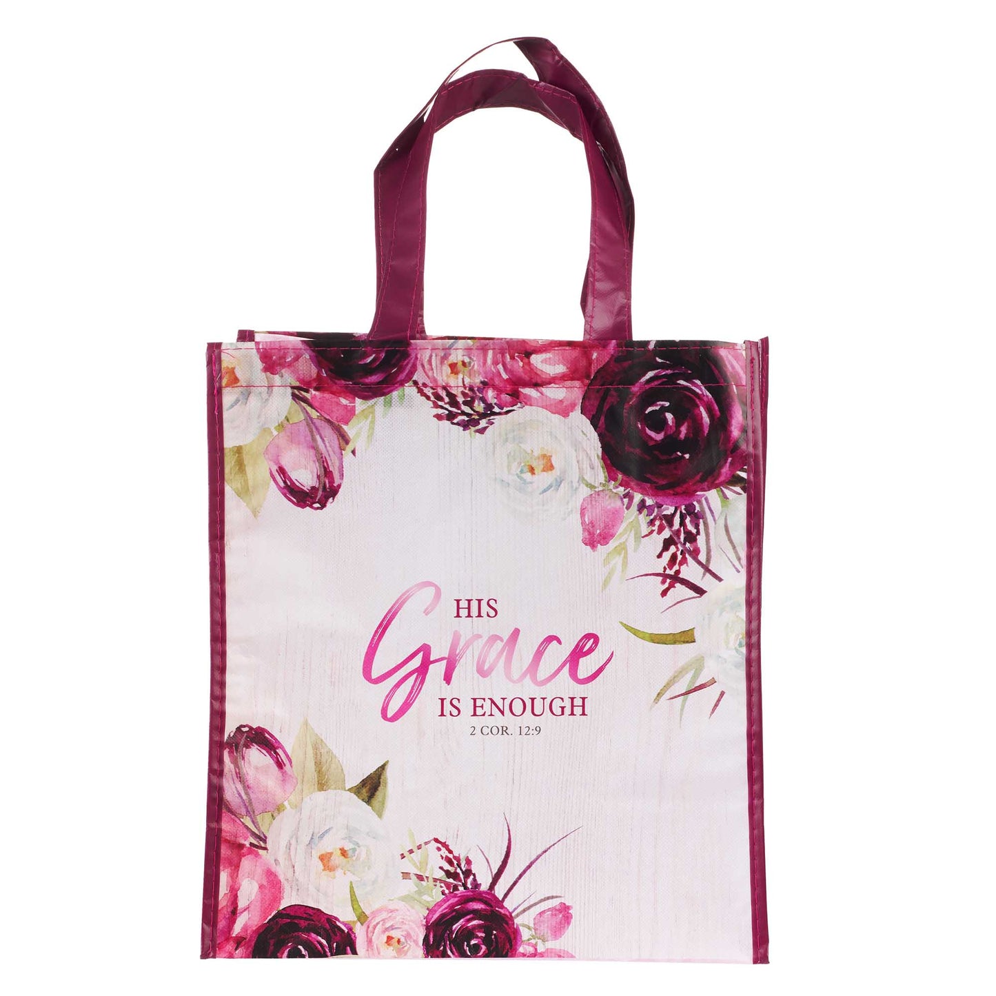 His Grace is Enough Plum Pink Non-Woven Tote Bag - 2 Corinthians 12:9 - The Christian Gift Company