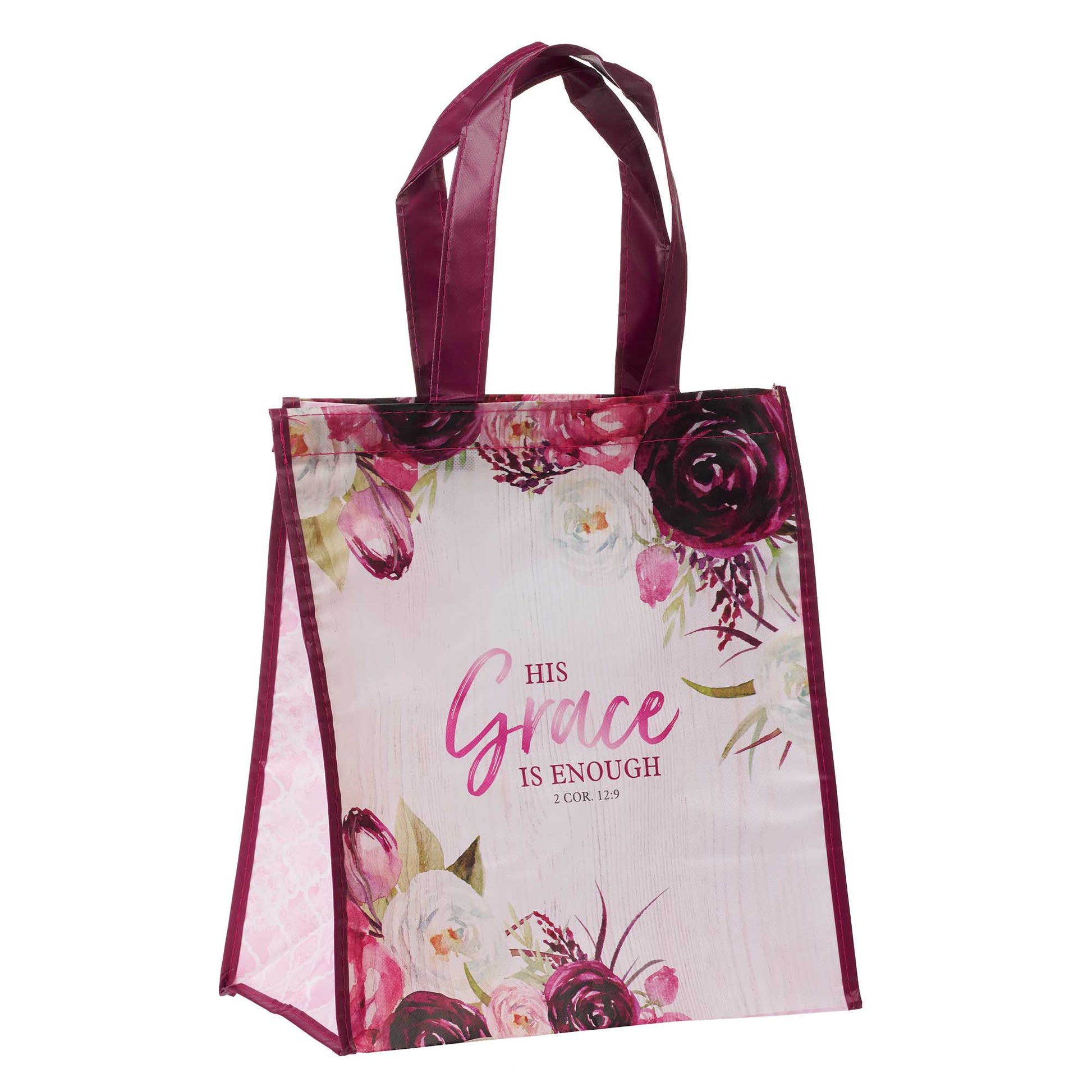 His Grace is Enough Plum Pink Non-Woven Tote Bag - 2 Corinthians 12:9 - The Christian Gift Company
