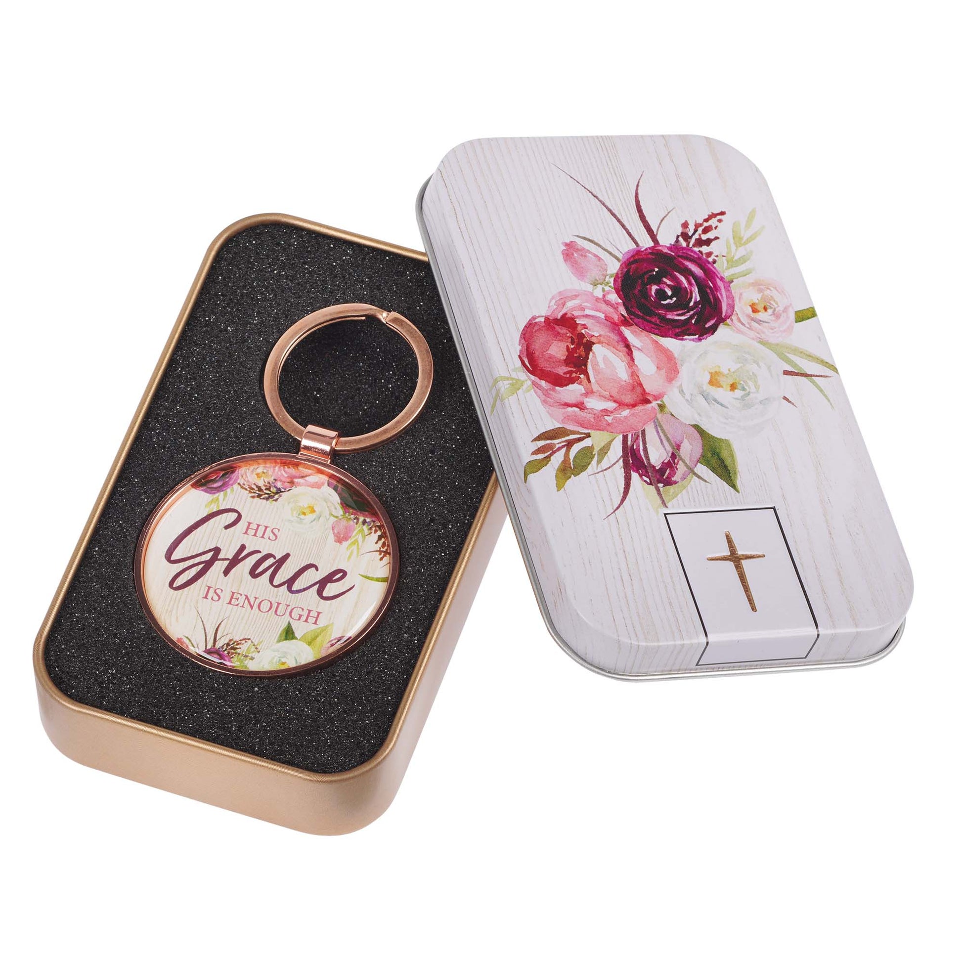 His Grace is Enough Pink Plum Key Ring in a Tin - 2 Corinthians 12:9 - The Christian Gift Company