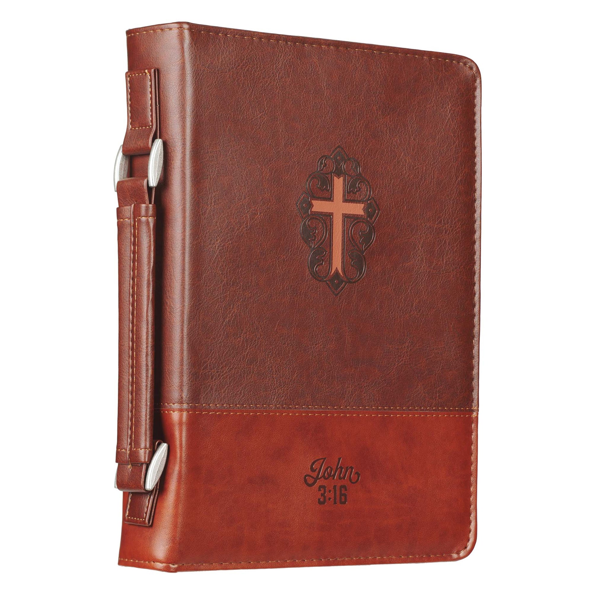John 3:16 Two-Tone Brown Faux Leather Bible Cover With Cross - The Christian Gift Company