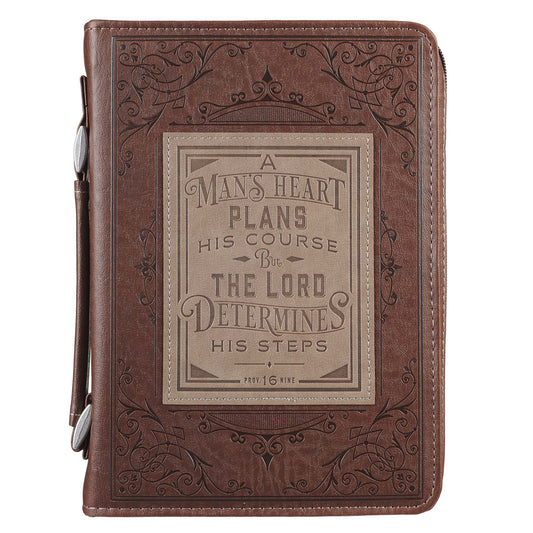 A Man's Heart Brown Faux Leather Classic Bible Cover - Proverbs 16:9 - The Christian Gift Company