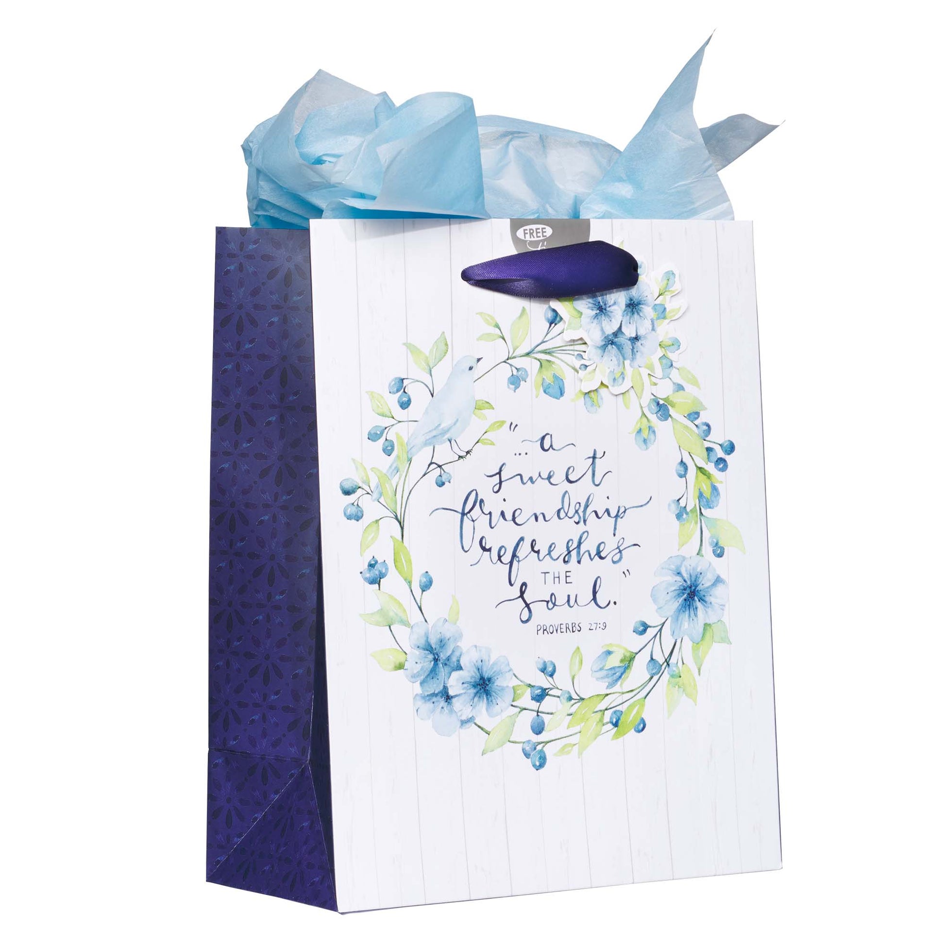 A Sweet friendship Medium Gift Bag in White and Blue with Tissue Paper - Proverbs 27:9 - The Christian Gift Company