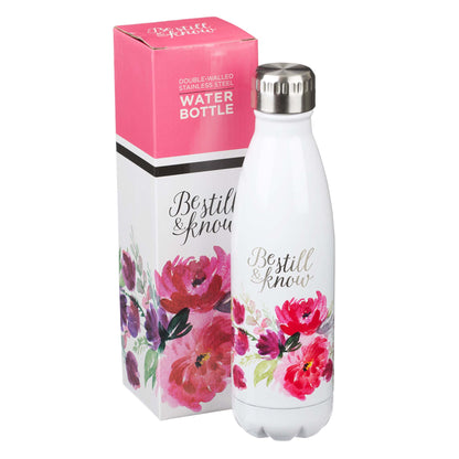 Be Still & Know White Floral Stainless Steel Water Bottle - Psalm 46:10 - The Christian Gift Company