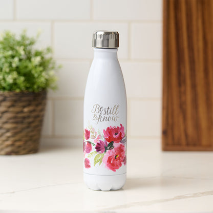 Be Still & Know White Floral Stainless Steel Water Bottle - Psalm 46:10 - The Christian Gift Company