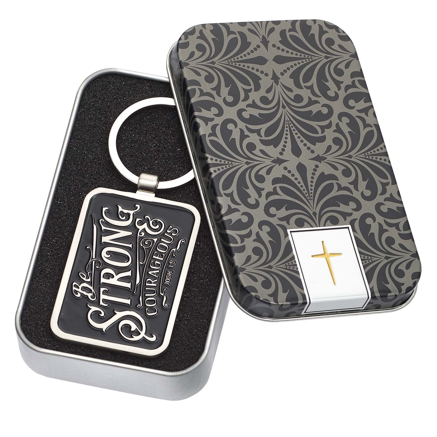 Be Strong & Courageous Black Metal Key Ring in Gift Tin - Joshua 1:9 - The Christian Gift Company