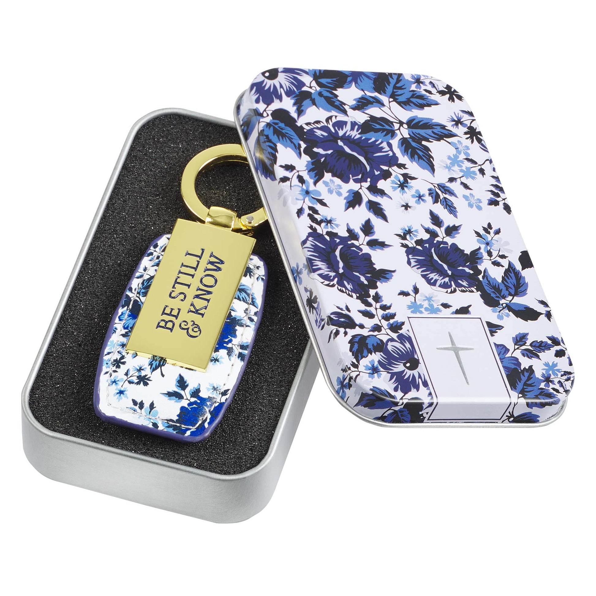 Be Still & Know Blue Floral Metal Key Ring in Gift Tin - Psalm 46:10 - The Christian Gift Company