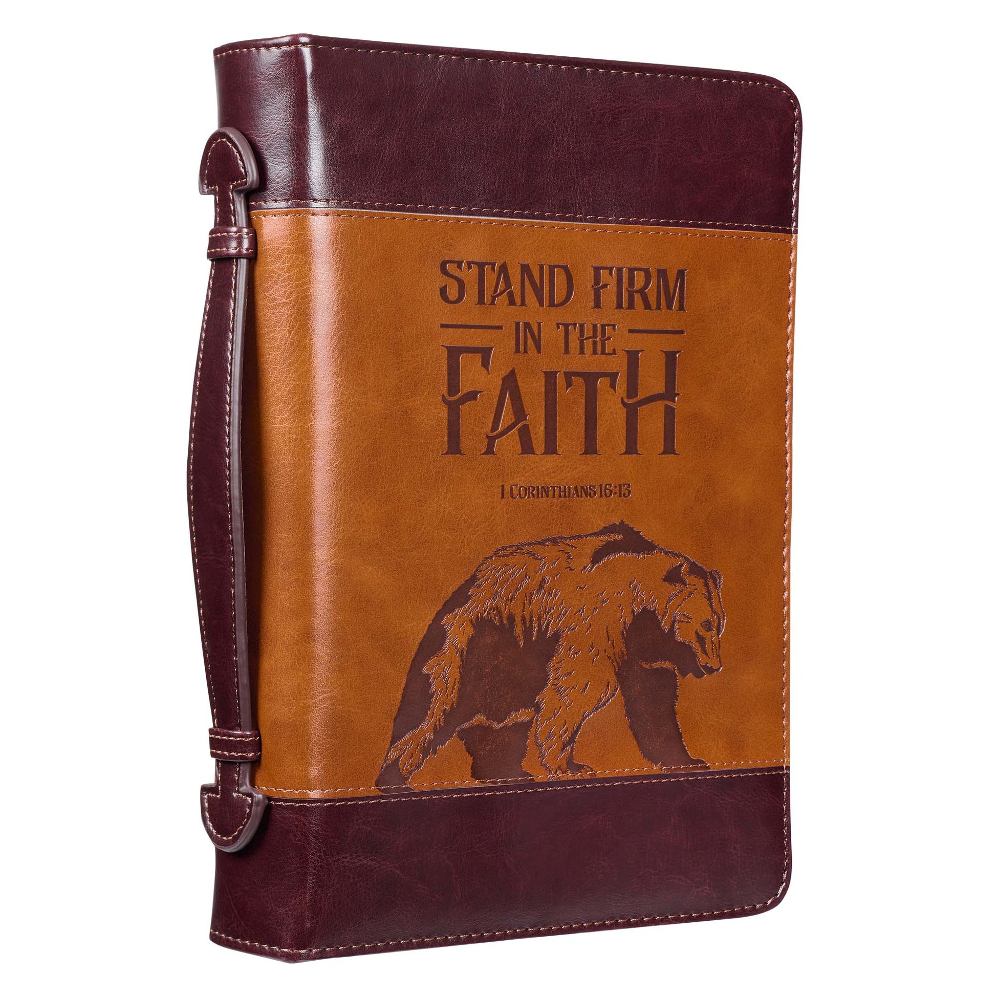 Stand Firm Two-tone Brown Faux Leather Classic Bible Cover - 1 Corinthians 16:13 - The Christian Gift Company