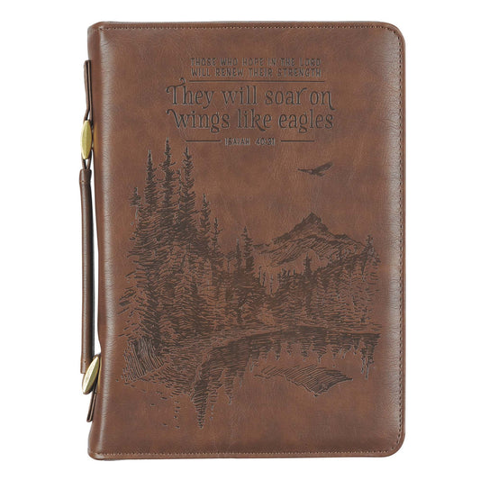 On Wings Like Eagles Brown Faux Leather Classic Bible Cover - Isaiah 40:31 - The Christian Gift Company