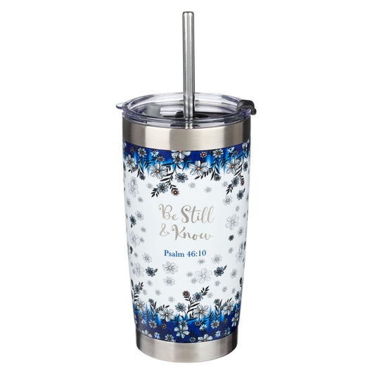 Be Still & Know Blue Floral Stainless Steel Travel Mug with Reusable Stainless Steel Straw - Psalm 46:10 - The Christian Gift Company